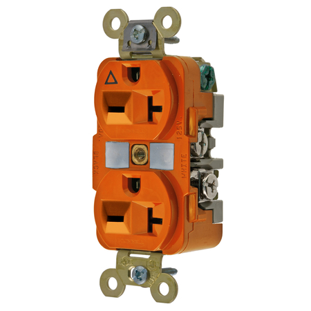 HUBBELL WIRING DEVICE-KELLEMS Straight Blade Devices, Receptacles, Duplex, Specification Grade, 2-Pole 3-Wire Grounding, 20A 250V, 6-20R, Orange, Single Pack IG5462